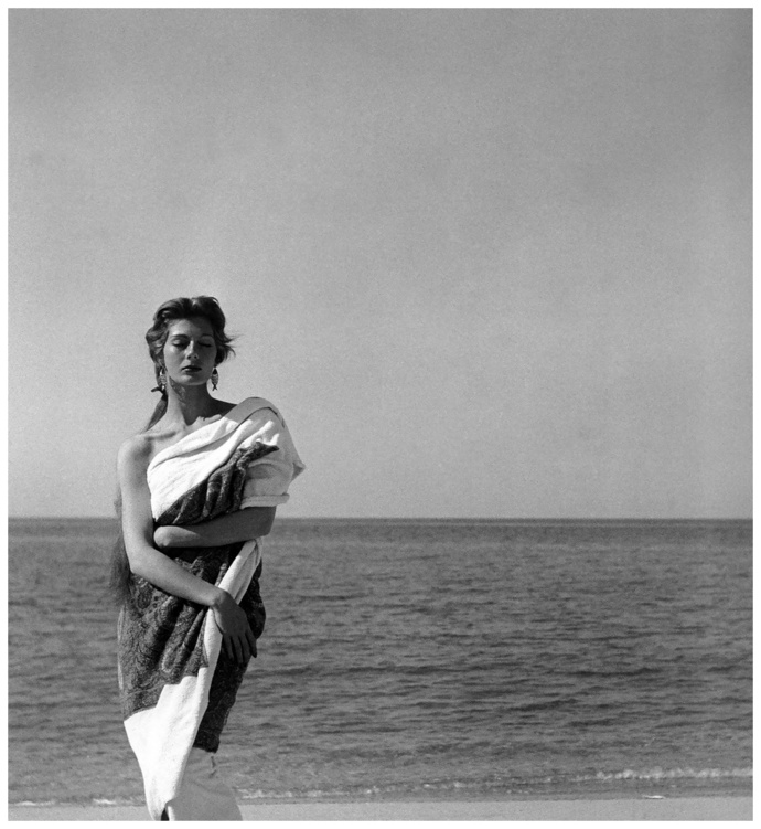 fiona-campbell-walter-draped-in-cashmere-beach-towel-by-givenchy-corsica-photo-by-georges-dambier-nouveau-femina-june-1954