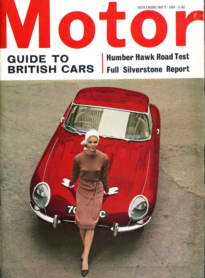 Model Bobo White, about whom I can find nothing, adds even more elegance to an E-Type Jaguar on the cover of Motor, issue dated 9 May 1964. The photographer was Marc Dimac.